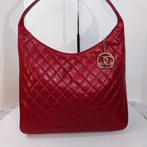 Chanel Vintage Red Quilted Lambskin XL Hobo Bag with 24k Gold-Plated Medallion